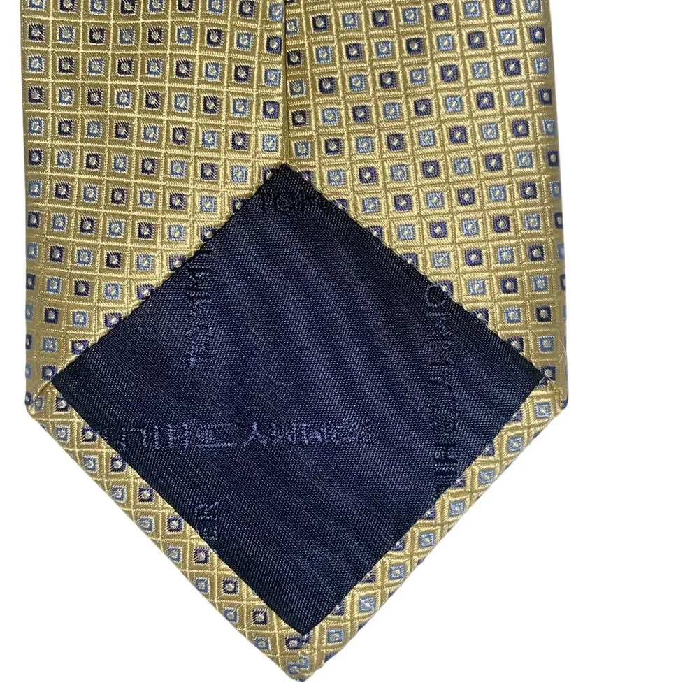 Tommy Hilfiger Yellow With Blue Squares 100% Silk Necktie Tie Office Church